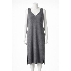 CeCe Gray Sleeveless Sweater Dress V Neck Knit Charcoal Gray Midi Slit Women L